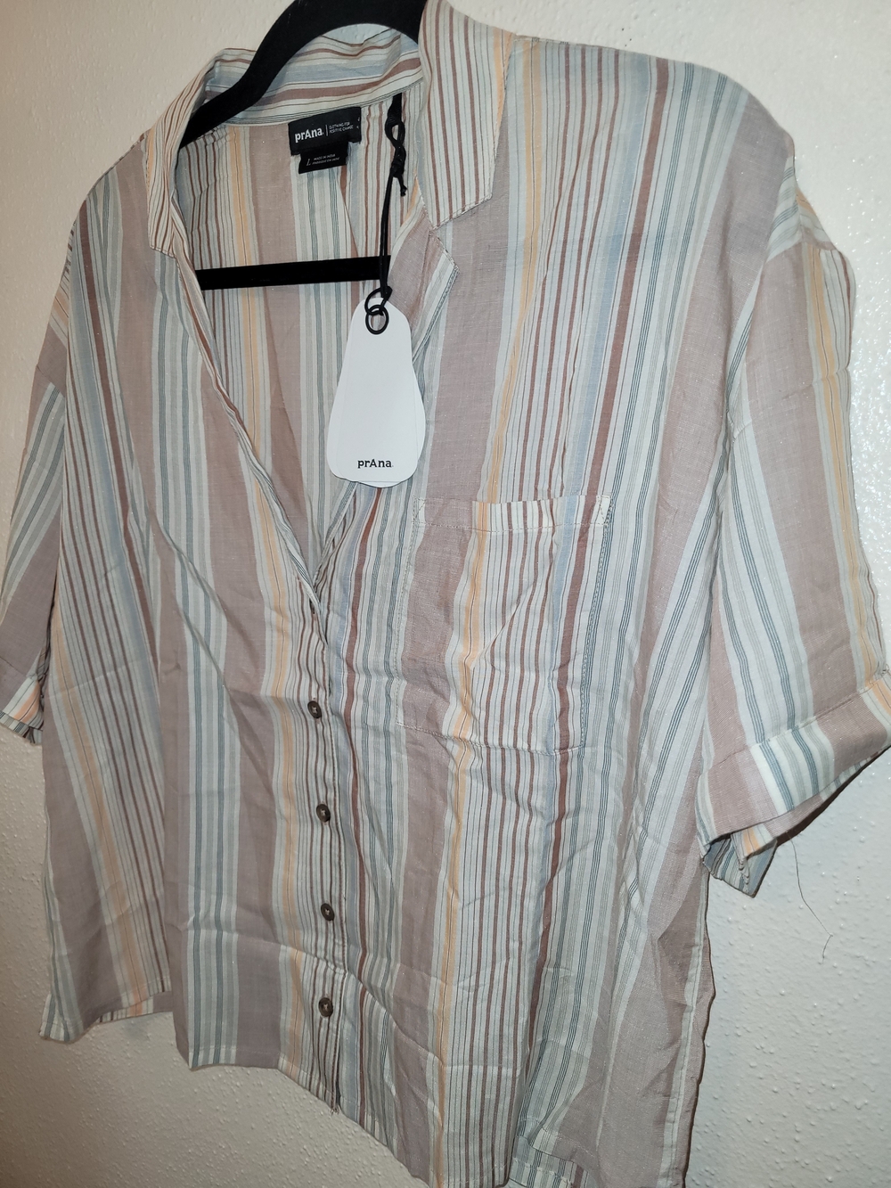 NWT prAna Iguala Top  Womans Clay Stripe Button Front Camp Shirt Size Large - Picture 6 of 8